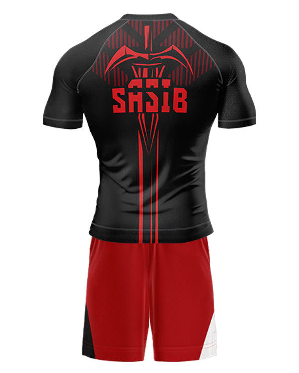 SASIB Crimson Shield Rashguard - Half Sleeves Red + SASIB Solid MMA Shorts - Red