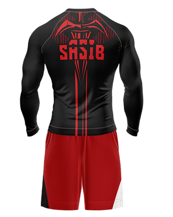 SASIB Crimson Shield Rashguard - Full Sleeves Red + SASIB Solid MMA Shorts - Red