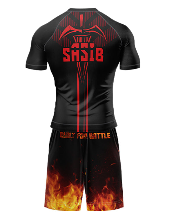 SASIB Crimson Shield Rashguard (Half Sleeves Red) + SASIB Inferno MMA Shorts (Black Orange)