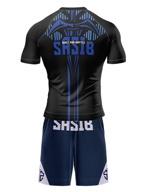 SASIB Sapphire Shield Rashguard Compression - Half Sleeves Blue + SASIB Solid MMA Shorts - Blue