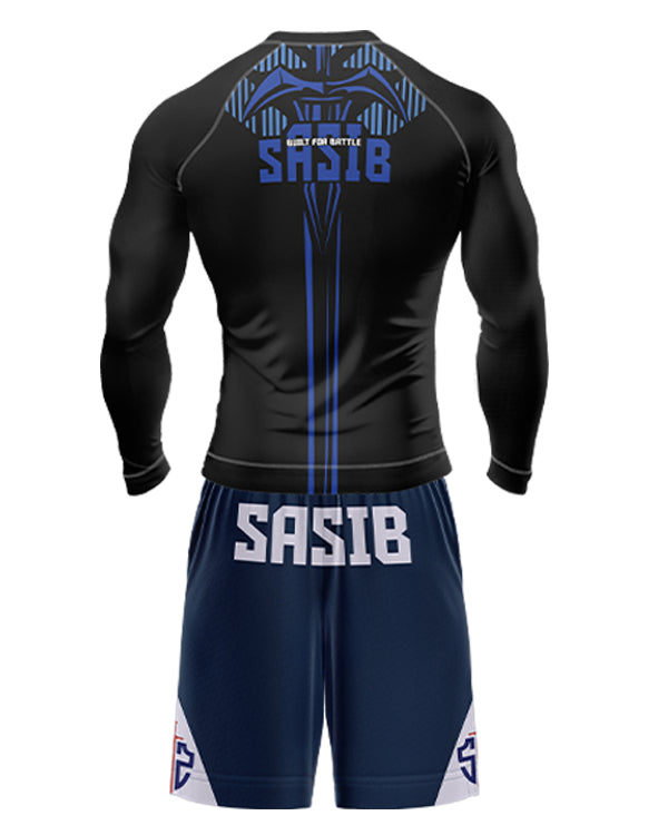 SASIB Sapphire Shield Rashguard Compression - Full Sleeves Blue + SASIB Solid MMA Shorts - Blue