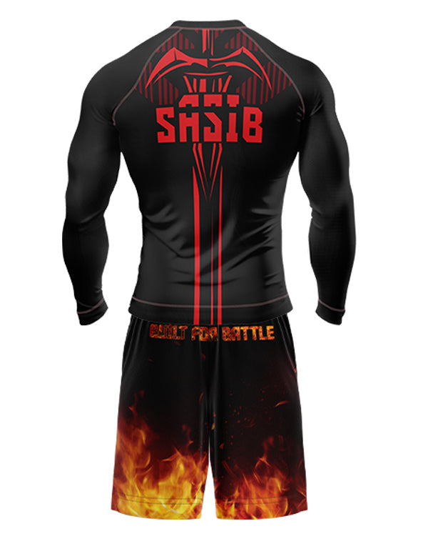 SASIB Crimson Shield Rashguard (Full Sleeves Red) + SASIB Inferno MMA Shorts (Black Orange)