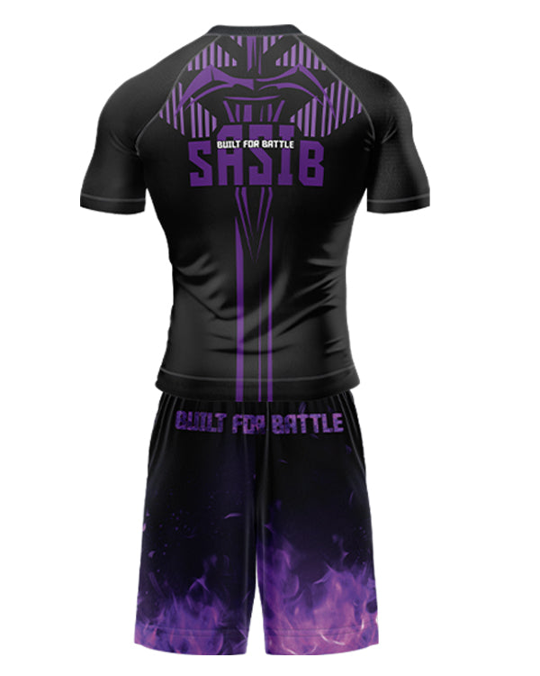 SASIB Indigo Shield Rashguard Compression - Half Sleeves Purple + SASIB Inferno MMA Shorts - Purple